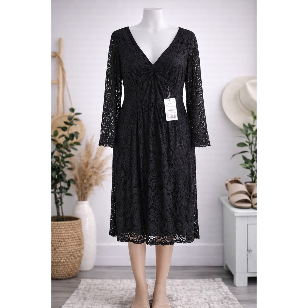 Enfocus Studio Black Lace Dress V-Neck Long Sleeve Cocktail Size 8 NWT